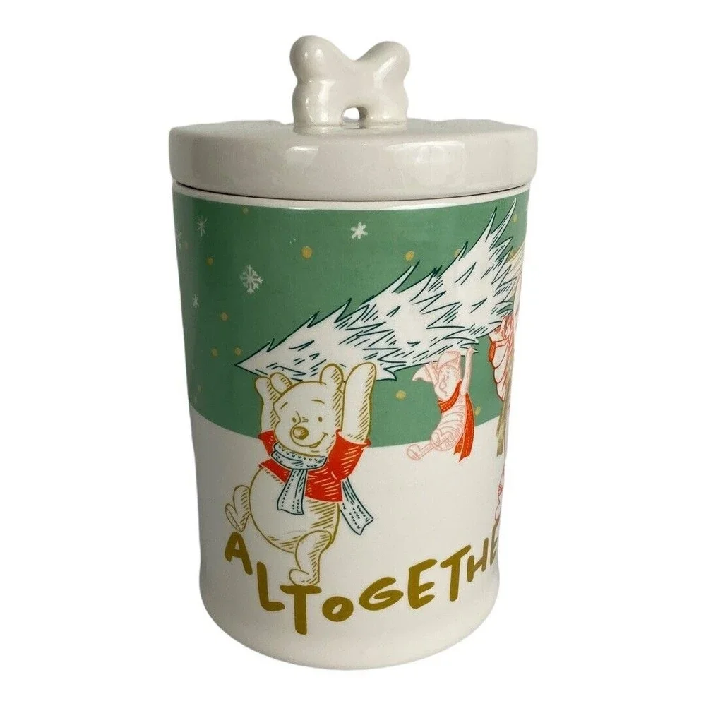 Winnie the Pooh Dog Treat Ceramic Holiday Canister Altogether at Christmas NEW